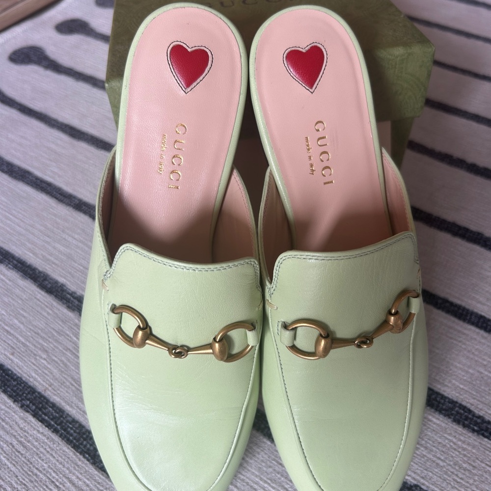 GUCCI Malaga Kid Womens Princetown Slippers 37 Pistachio Green